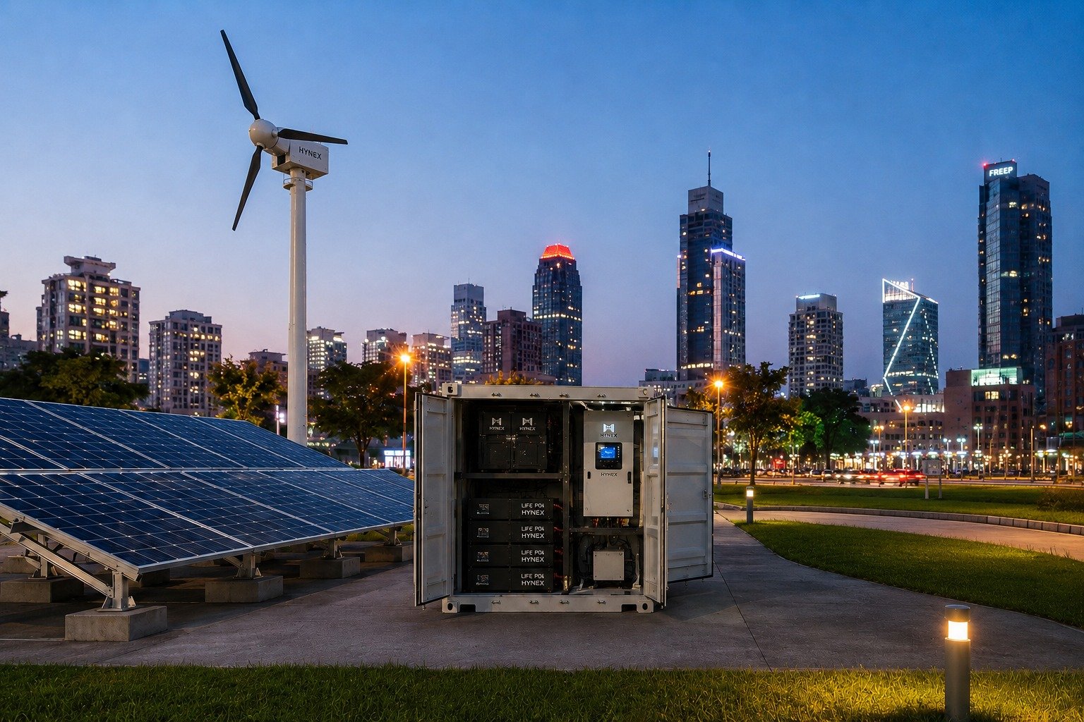 Microgrid urbana HYNEX em parque com skyline ao fundo