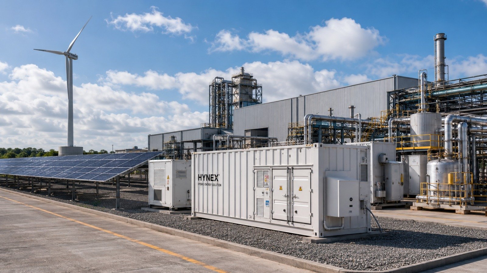 Contêiner HYNEX em planta industrial com geração solar e eólica